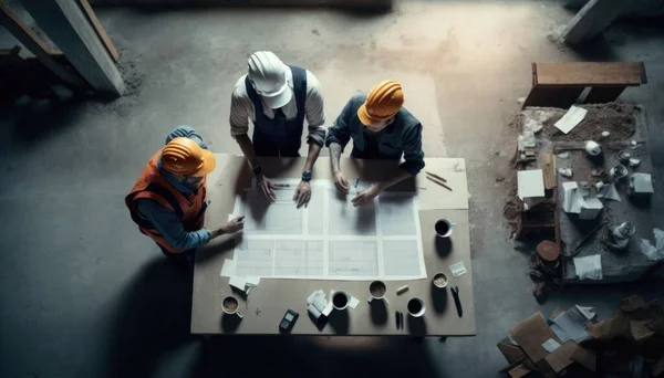 Two men in hard hats are working on a project together on a table with tools blueprint a digital rendering modular constructivism