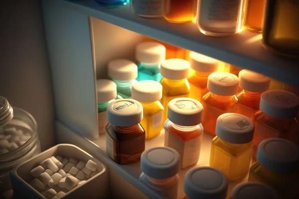 A refrigerator filled with lots of different colored bottles of liquid and pills in it\'s shelves vray caustics an ambient occlusion render neoplasticism