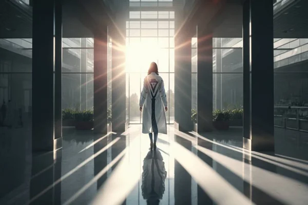 A woman walking through a hallway with a bright light coming through the windows on her anamorphic lens flare concept art photorealism