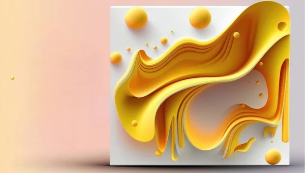 A white box with yellow liquid on it and a pink background with a yellow drop cinema 4 d a 3d render geometric abstract art