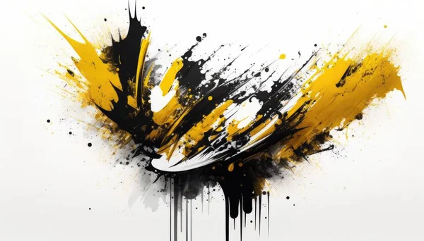 A black and yellow abstract painting with paint splatters on it\'s side abstract brush strokes an abstract painting abstract art