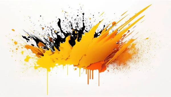 A yellow and black paint splattered on a white background with a white background graffiti paint an abstract painting action painting