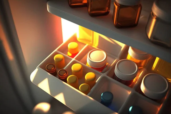 A medicine cabinet with medicine bottles and pills in it\'s drawer and a light shining on the medicine bottles vray caustics a 3d render neoplasticism