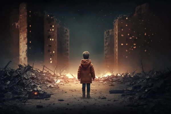 A child standing in a destroyed city with buildings in the background and a fire in the sky dystopian art a detailed matte painting neoism
