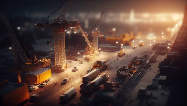 A city street filled with lots of traffic at night time with cranes and cars driving on the road tilt shift a tilt shift photo assemblage