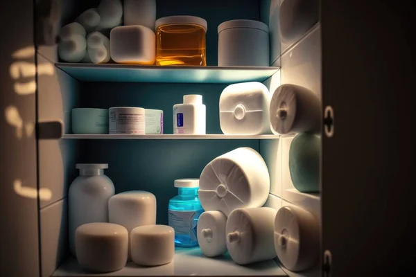 A shelf filled with lots of different types of medicine bottles and containers on it\'s sides ambient occlusion an ambient occlusion render neoplasticism