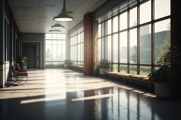 A large room with a lot of windows and a bench in the middle of it photorealistic lighting a 3d render photorealism