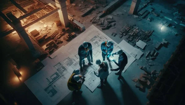A group of people standing around a table in a building under construction with lights on blueprint a jigsaw puzzle deconstructivism