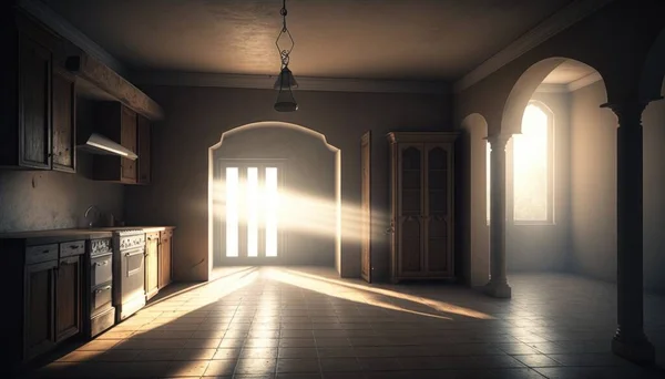 A room with a door and a window with light coming in from it and a light coming in from the window dim volumetric lighting a digital rendering light and space