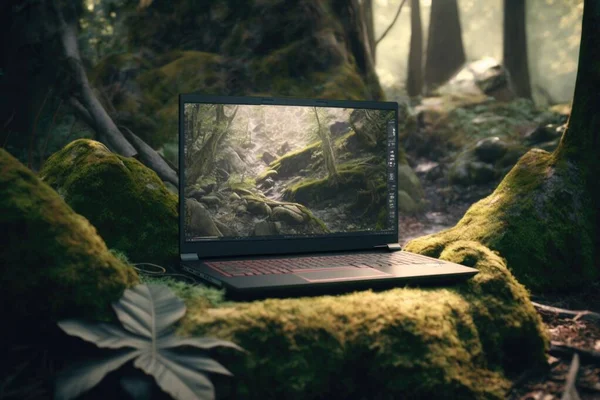 A laptop computer sitting on a moss covered rock in a forest with a leafy tree 8k photorealistic a computer rendering purism