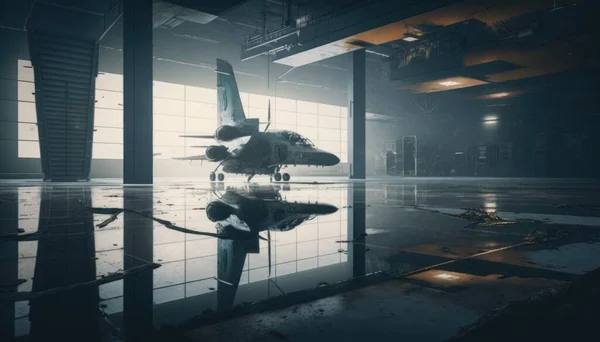 A plane is reflected in a mirror in a hangar with a reflection of it on the floor octane renderer computer graphics photorealism