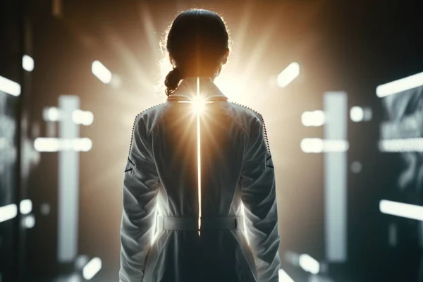 A woman standing in a dark room with bright lights coming from her back and her back turned to the camera anamorphic lens flare a hologram symbolism