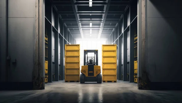 A forklift in a warehouse with yellow containers on the floor and a cross on the wall diffuse lighting an ultrafine detailed painting postminimalism