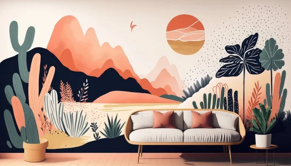 A living room with a couch and a wall mural of mountains and plants on it colorful flat surreal design an ultrafine detailed painting modern european ink painting