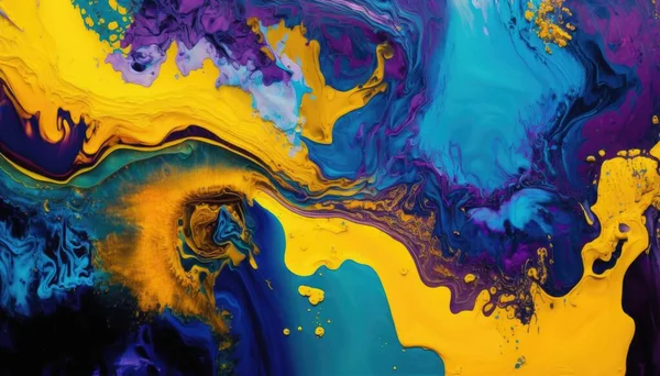 A painting of blue yellow and purple colors with a white background and a black border saturated colors an ultrafine detailed painting action painting
