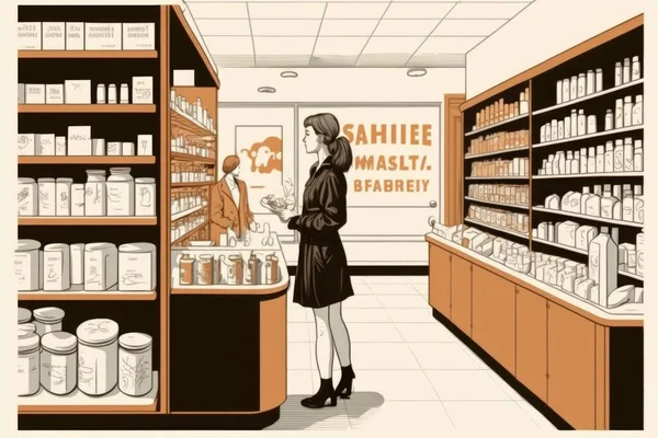 A woman is looking at a shelf of medicine in a store with shelves of medicine mcbess a storybook illustration international typographic style
