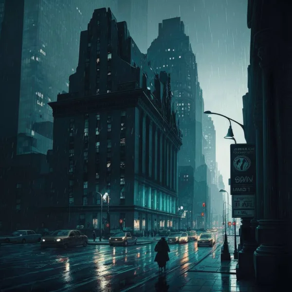 A person walking down a street in the rain at night with a umbrella over their head cinematic matte painting a matte painting photorealism