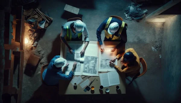 Three people in hard hats are working on a project at a table with a laptop blueprint a stock photo modular constructivism