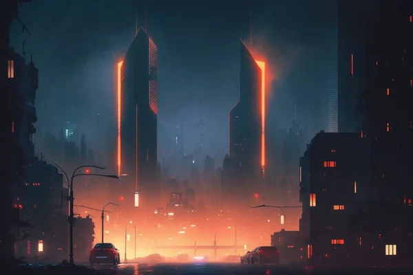 A city with tall buildings and neon lights at night time with a car driving through the street cyberpunk city cyberpunk art retrofuturism