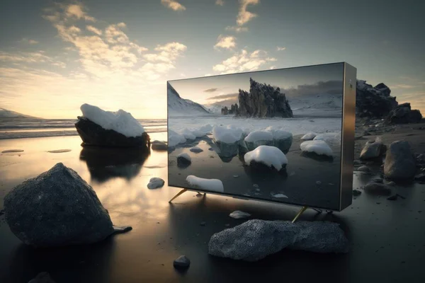A television screen sitting on top of a beach covered in snow next to rocks and water uhd 8 k a computer rendering purism