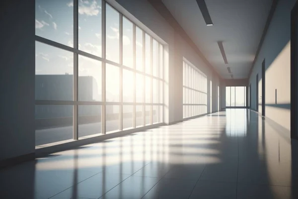A hallway with a lot of windows and a sky background in the background with a building dim volumetric lighting a 3d render light and space