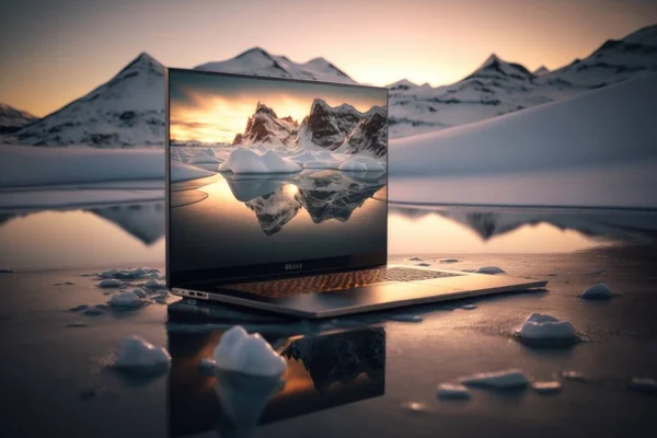 A laptop computer sitting on top of a table covered in icebergs and snow 8k artistic photography a computer rendering computer art