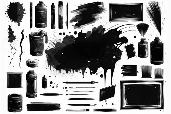 A black and white drawing of various inks and brushes and paintbrushes and ink smudges abstract brush strokes an ultrafine detailed painting modern european ink painting