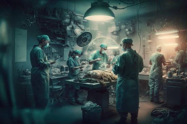 A group of doctors in a room with a surgical instrument in the foreground and a surgeon in the background biopunk a microscopic photo neoplasticism