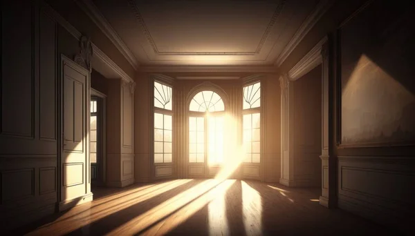 A room with a door and a window with the sun shining through it and a light coming in dim volumetric lighting a raytraced image light and space