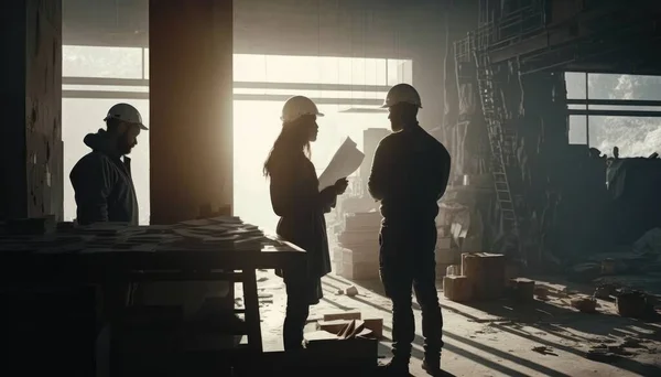 Two people standing in a building with a construction worker looking on at the floor and a man in a hardhat dim volumetric lighting a stock photo hardworking creatives at work