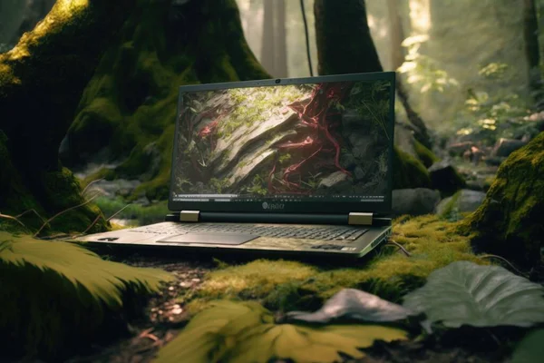 A laptop computer sitting on a moss covered forest floor in the sunlight with a forest background 8 k render a computer rendering computer art