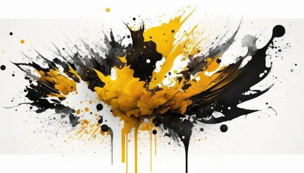 A yellow and black paint splattered on a white background with black dots and circles abstract brush strokes an abstract painting action painting