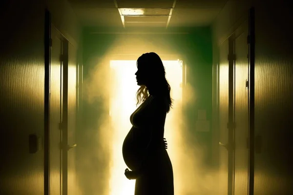 A pregnant woman standing in a hallway with a light coming through the door and fog promotional image a stock photo neoplasticism