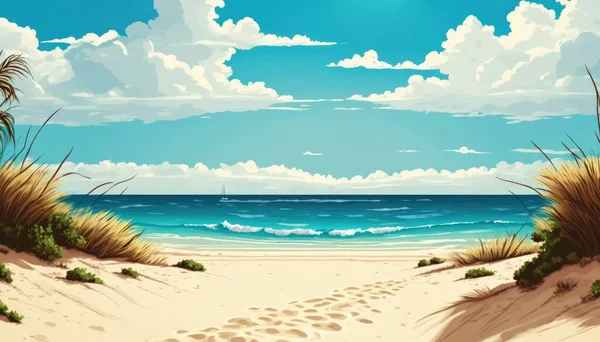 A painting of a beach with a path leading to the ocean and a blue sky with clouds beach a matte painting plein air