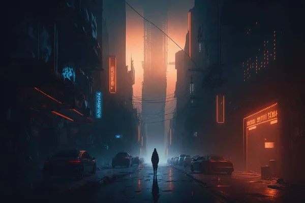 A person walking down a street in the dark of night with a neon light on cinematic matte painting cyberpunk art retrofuturism