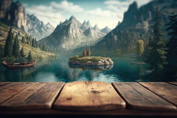 A wooden table with a view of a lake and mountains in the background with a boat on the water cinematic matte painting a detailed matte painting photorealism