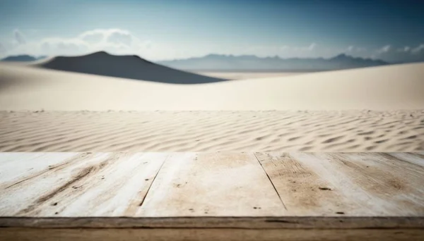 A wooden table top in front of a desert landscape with sand dunes in the background desolate a matte painting postminimalism