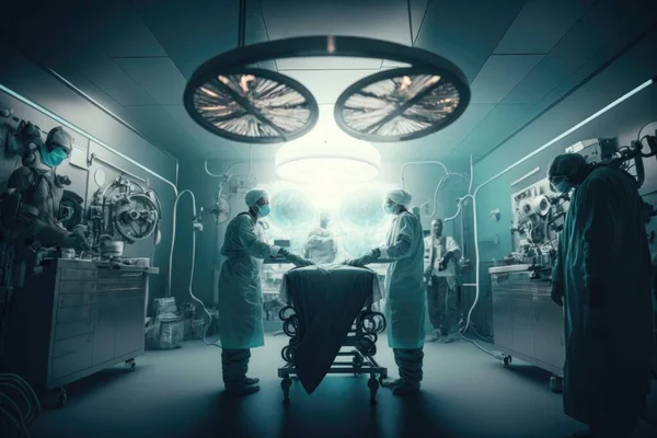 A group of doctors in a room with medical equipment and equipment on the floor and in the background biopunk a detailed matte painting neoplasticism