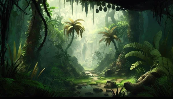 A painting of a jungle with a stream and trees in the background and a lot of plants jungle a detailed matte painting fantasy art
