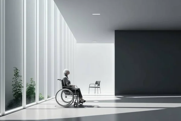 A person in a wheelchair in a room with a plant in it and a chair vray caustics a 3d render light and space