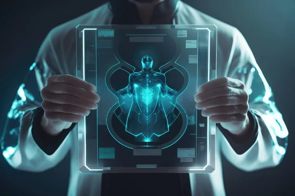 A man holding a futuristic image of a man in a suit and tie with his hands biopunk a hologram holography
