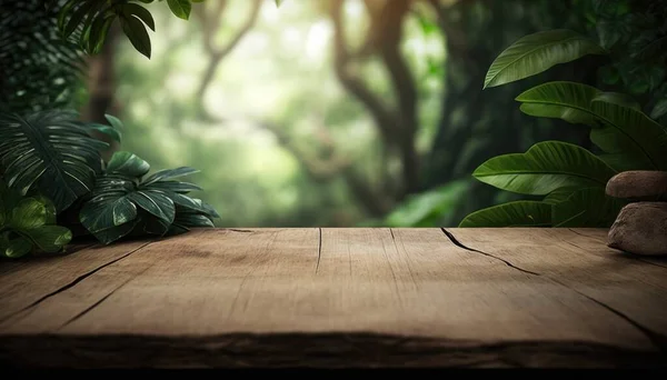 A wooden table with a jungle background in the background is a wooden floor with a rock on it forest background an ambient occlusion render primitivism