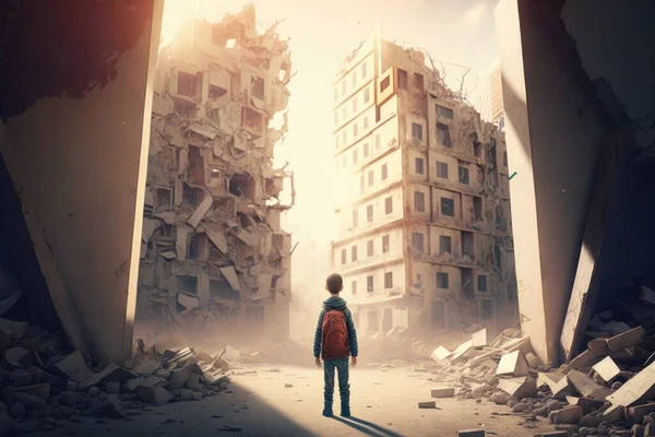 A person standing in a destroyed building looking at the sky and buildings in the background cinematic matte painting a detailed matte painting neoplasticism