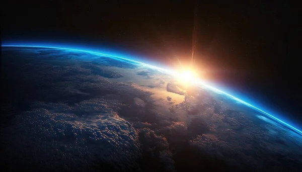 The sun is shining over the earth from space with clouds and a bright light anamorphic lens flare a matte painting space art