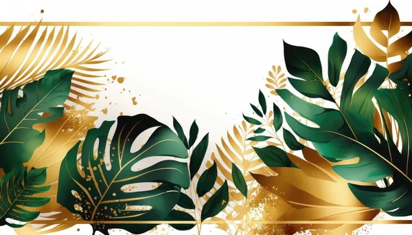 A gold and green tropical leaf border with a white background and gold foil border with a gold leaf border forest background a poster lyco art