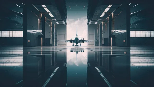 A large jetliner sitting inside of a hangar next to a doorway with a sky background octane renderer a detailed matte painting neoism
