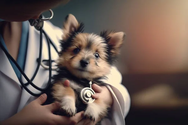 A small dog being held by a person wearing a stethoscope and a collar cute and adorable a character portrait renaissance