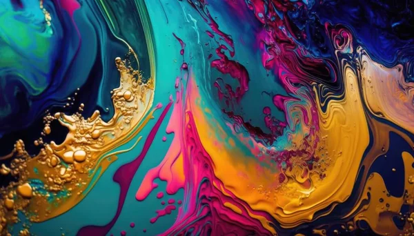 A colorful liquid painting with gold and blue colors on it\'s surface with a black psychedelic overtones an ultrafine detailed painting color field