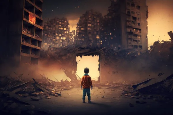 A boy standing in a destroyed city looking at a building that has been destroyed and is falling apart dystopian art a detailed matte painting neoism