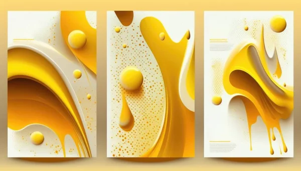 Three banners with yellow liquid and bubbles on them one of which is a liquid drop colorful flat surreal design a 3d render process art